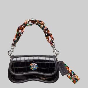 Coach Black Dinky Wavy Mini Croc-Embossed Bag with Colorful Tortoise Handle